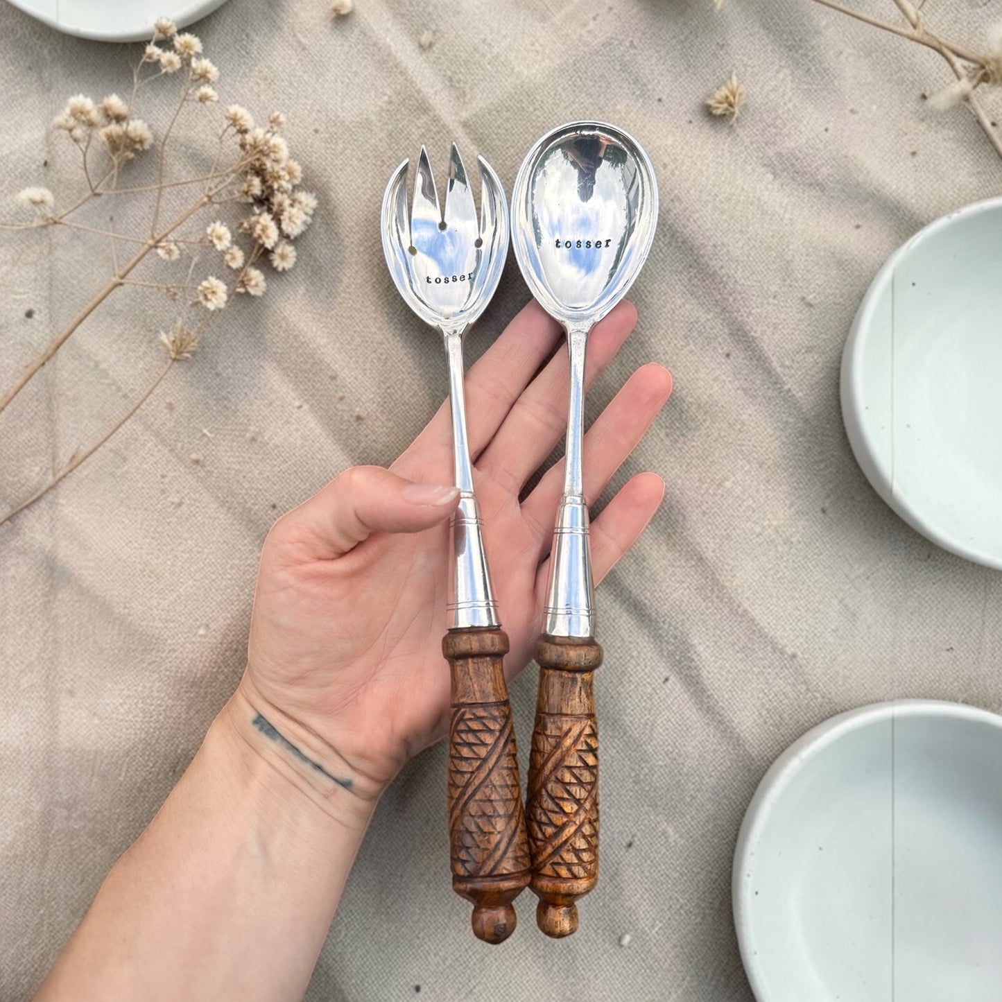 Limited Edition Vintage Salad Servers with Oak Handles