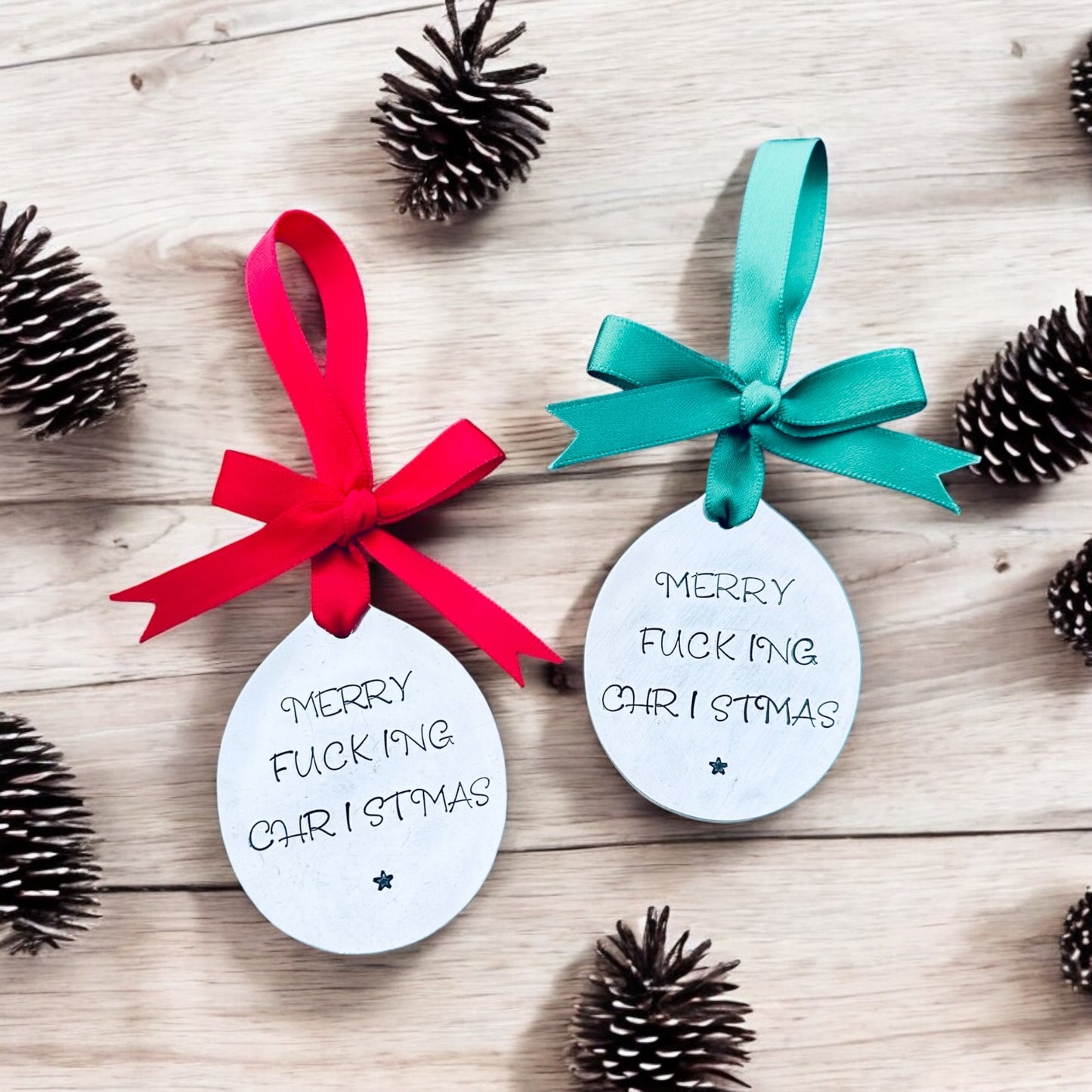 Merry Fucking Christmas - Vintage Spoon Tree Decoration | Hand-Stamped Silver Plate