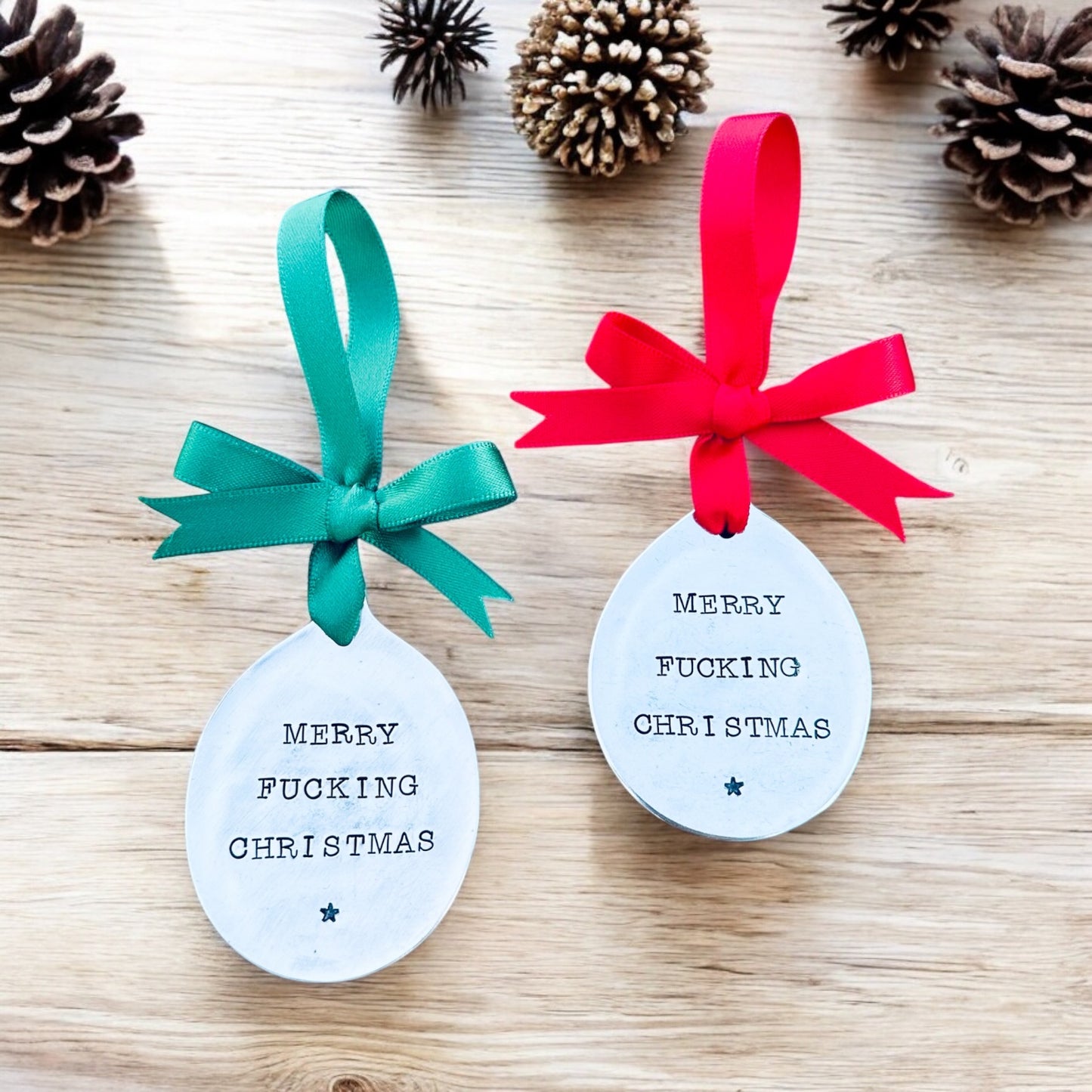 Merry Fucking Christmas - Vintage Spoon Tree Decoration | Hand-Stamped Silver Plate