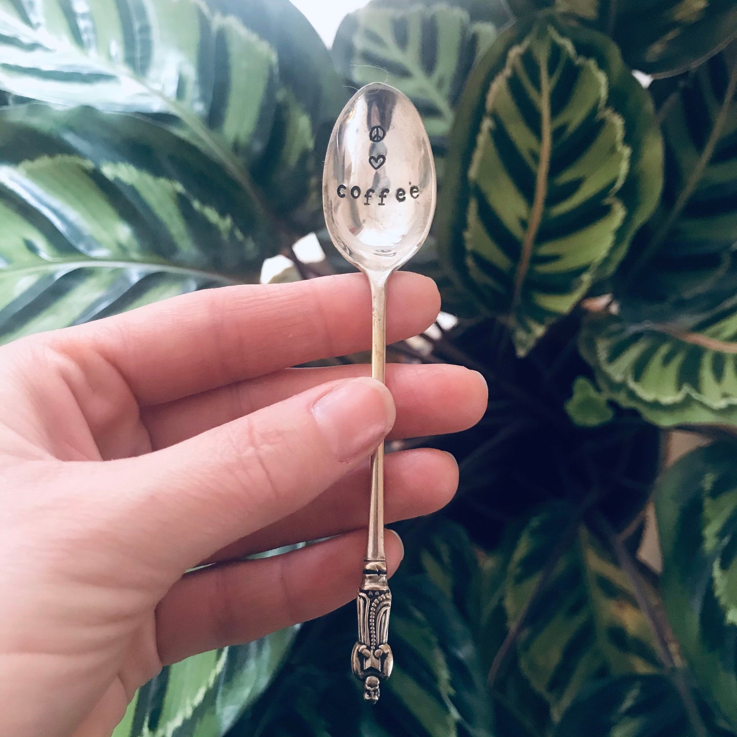 Unique Hand Stamped Apostle Vintage Coffee Spoon - Peace - Love - Coffee- SOZO Silver