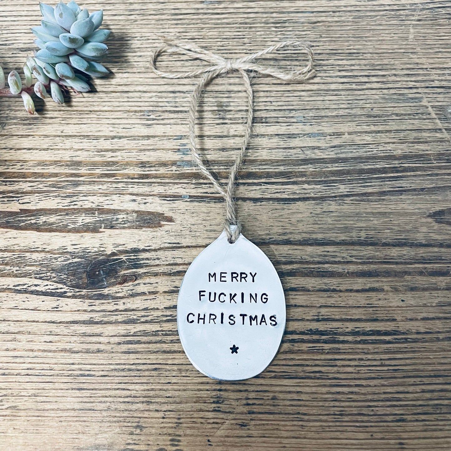 Merry Fucking Christmas - Vintage Spoon Tree Decoration | Hand-Stamped Silver Plate