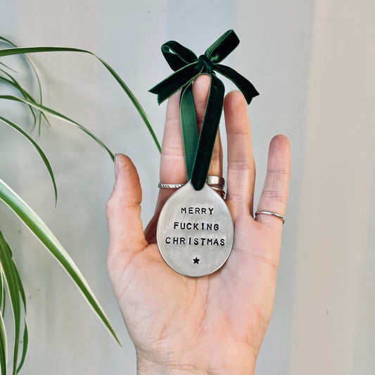 Merry Fucking Christmas - Vintage Spoon Tree Decoration | Hand-Stamped Silver Plate